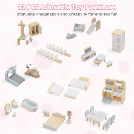 Wooden Dollhouse with 33 Furniture Pieces - 3 Story Playhouse