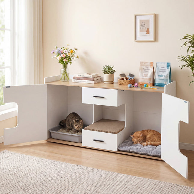 Cat House Cabinet with Litter Box Storage and Drawers