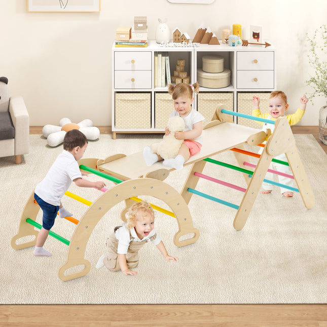 5-in-1 Wooden Kids Climber Toys with Triangle Arch Ramp