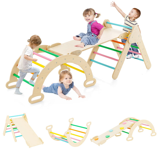 5-in-1 Wooden Kids Climber Toys with Triangle Arch Ramp