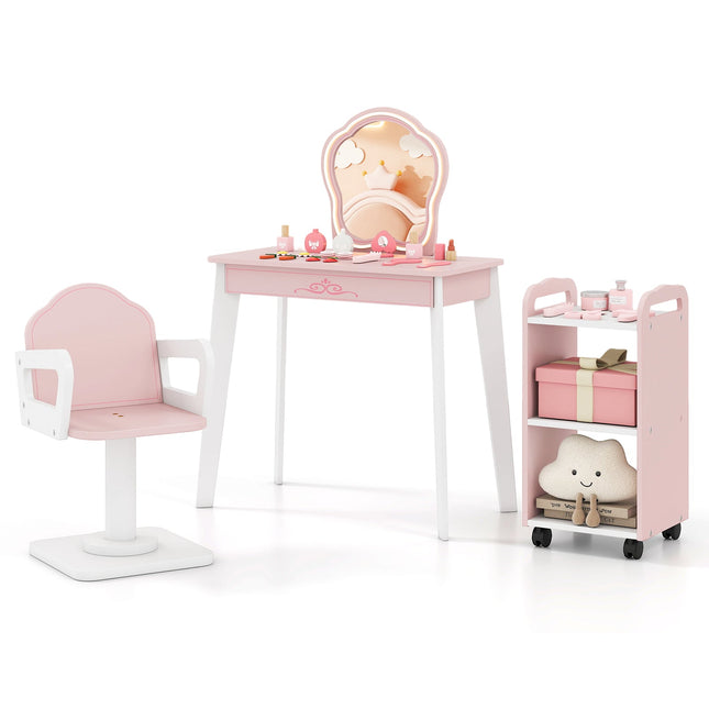 Wooden Kids Hair Salon Play Set with LED Lighted Mirror-Pink