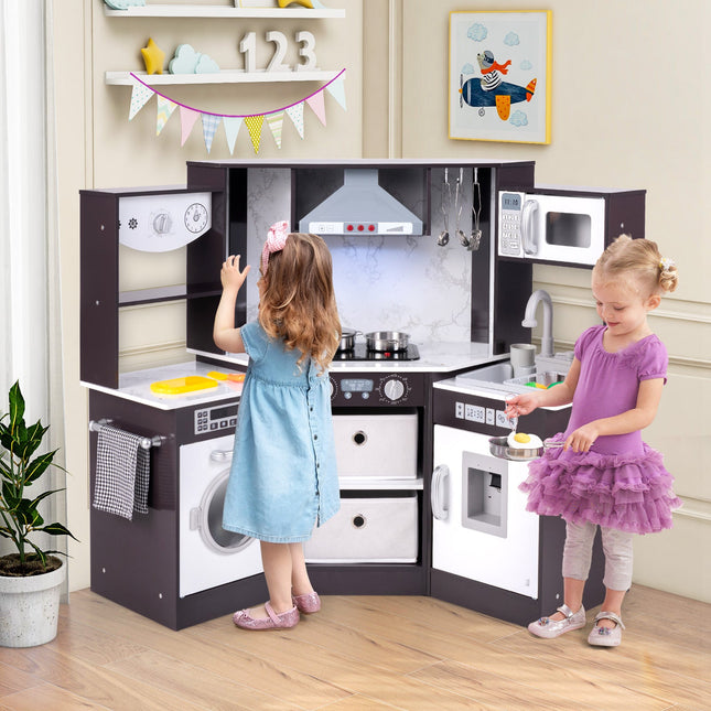 Wooden Kids Play Kitchen Playset with Realistic Lights and Sounds
