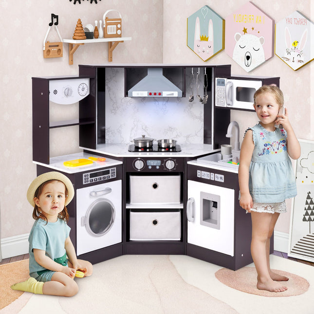 Wooden Kids Play Kitchen Playset with Realistic Lights and Sounds