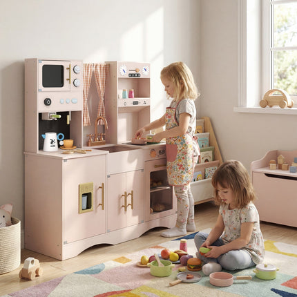 Wooden Play Kitchen Set with Microwave and Coffee Maker