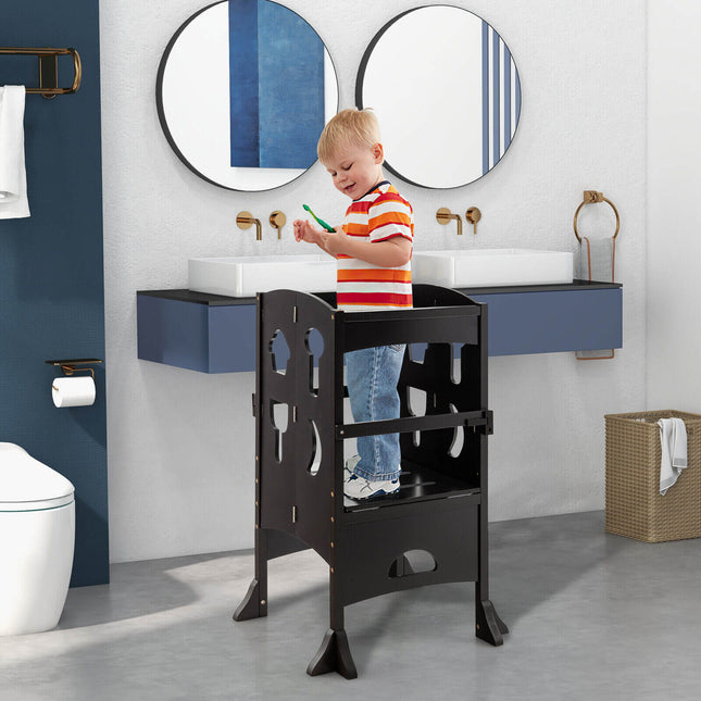 Folding Wooden Step Stool with Lockable Safety Rail for Toddler 3+