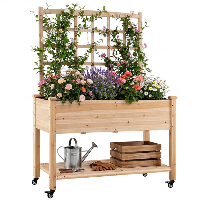 Wooden Mobile Raised Garden Bed on Wheels with Trellis