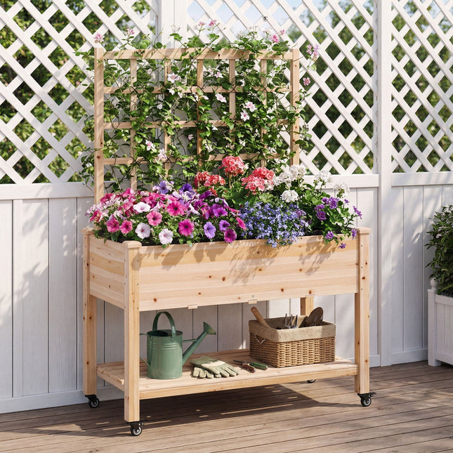Wooden Mobile Raised Garden Bed on Wheels with Trellis