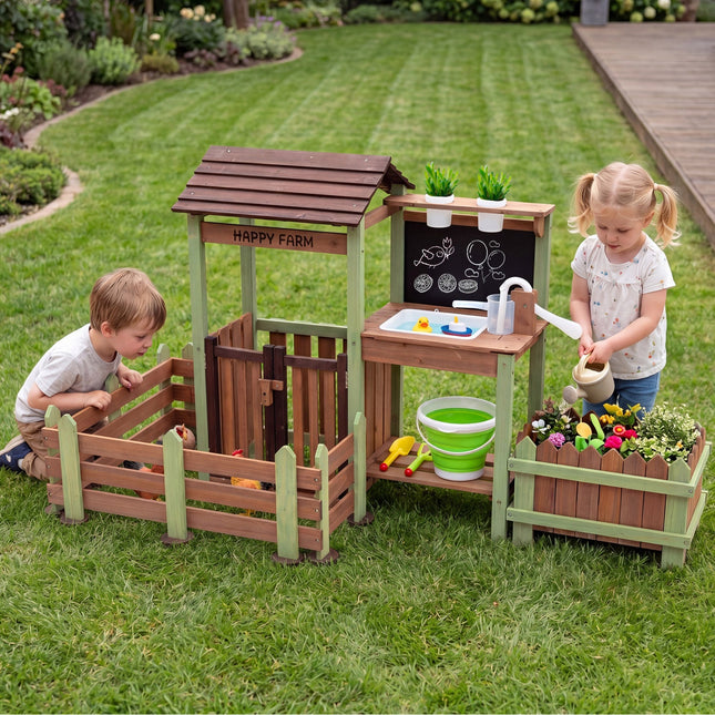 Wooden Mud Farm Playset with Planter Box and Water Pump