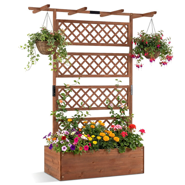 Wooden Planter Box with Lattice Trellis Raised Garden Bed Privacy Screen with Flat Roof