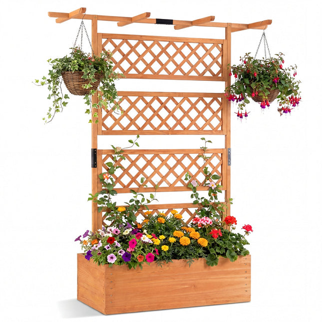 Wooden Planter Box with Lattice Trellis Raised Garden Bed Privacy Screen with Flat Roof
