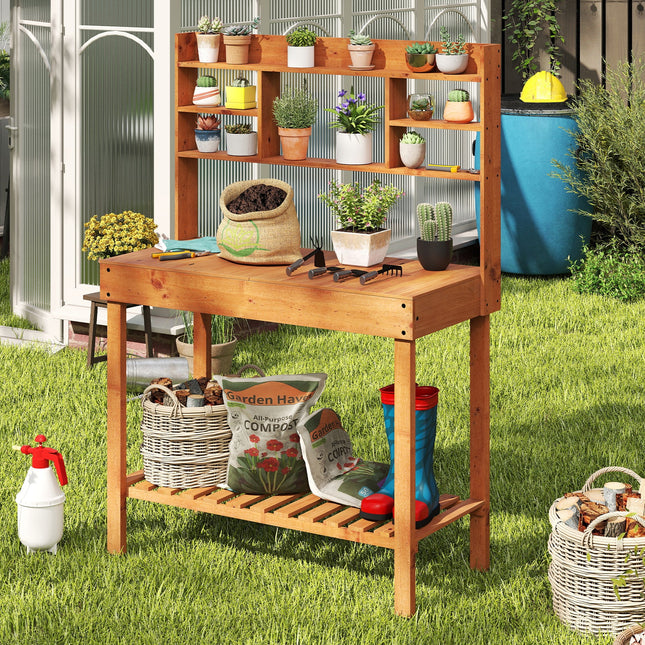 Wooden Potting Bench Table 61" Garden Planting Workstation with 3-Tier Open Shelf-Brown