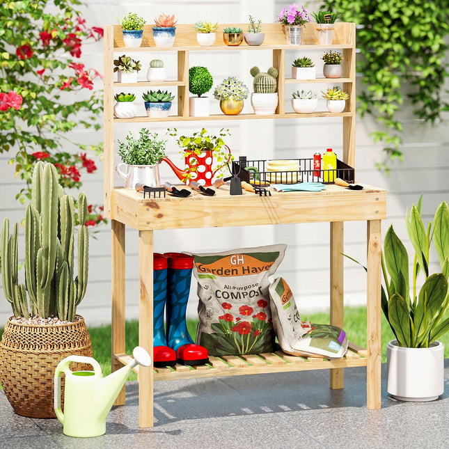 Wooden Potting Bench Table Garden Planting Workstation with 3-Tier Open Shelf