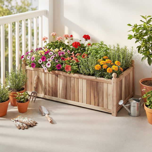 Wooden Raised Garden Bed Natural Acacia Wood Rectangular Planter Box with Liner-Natural
