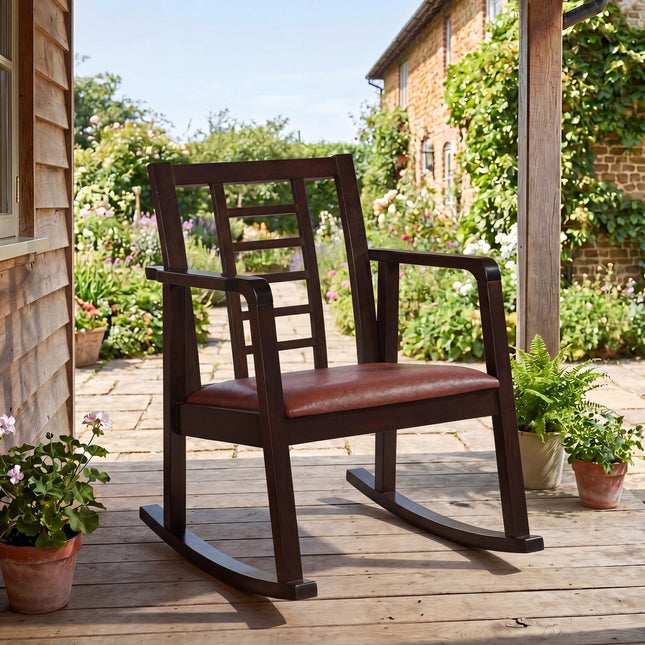 Wooden Rocking Chair with Upholstered Seat and Ladder Back