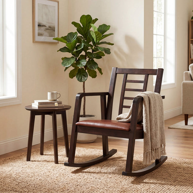 Wooden Rocking Chair with Upholstered Seat and Ladder Back