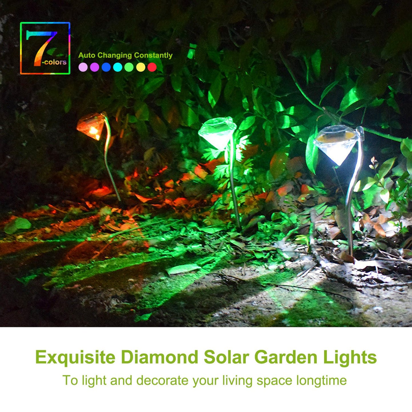 4Pcs Solar Garden Light Outdoor Diamond LED Light 7-Color Changing IP65 Waterproof Pathway Stake Decorative Lamp for Garden Patio Yard Walkway