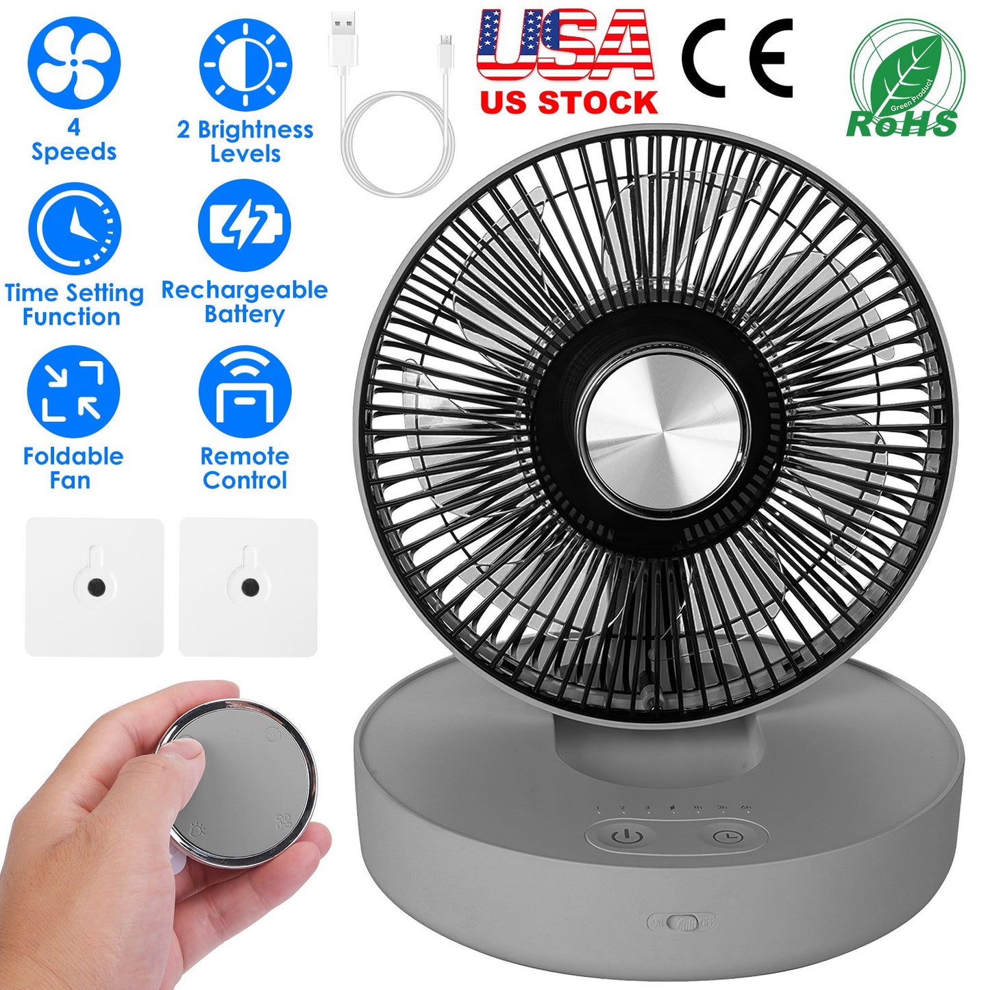 Foldable Rechargeable LED Desk Fan Wall Mounted Fan with Magnetic Remote Hanging Oscillating Fan with 4 Speeds 2 Brightness Time Setting Automatic Rot