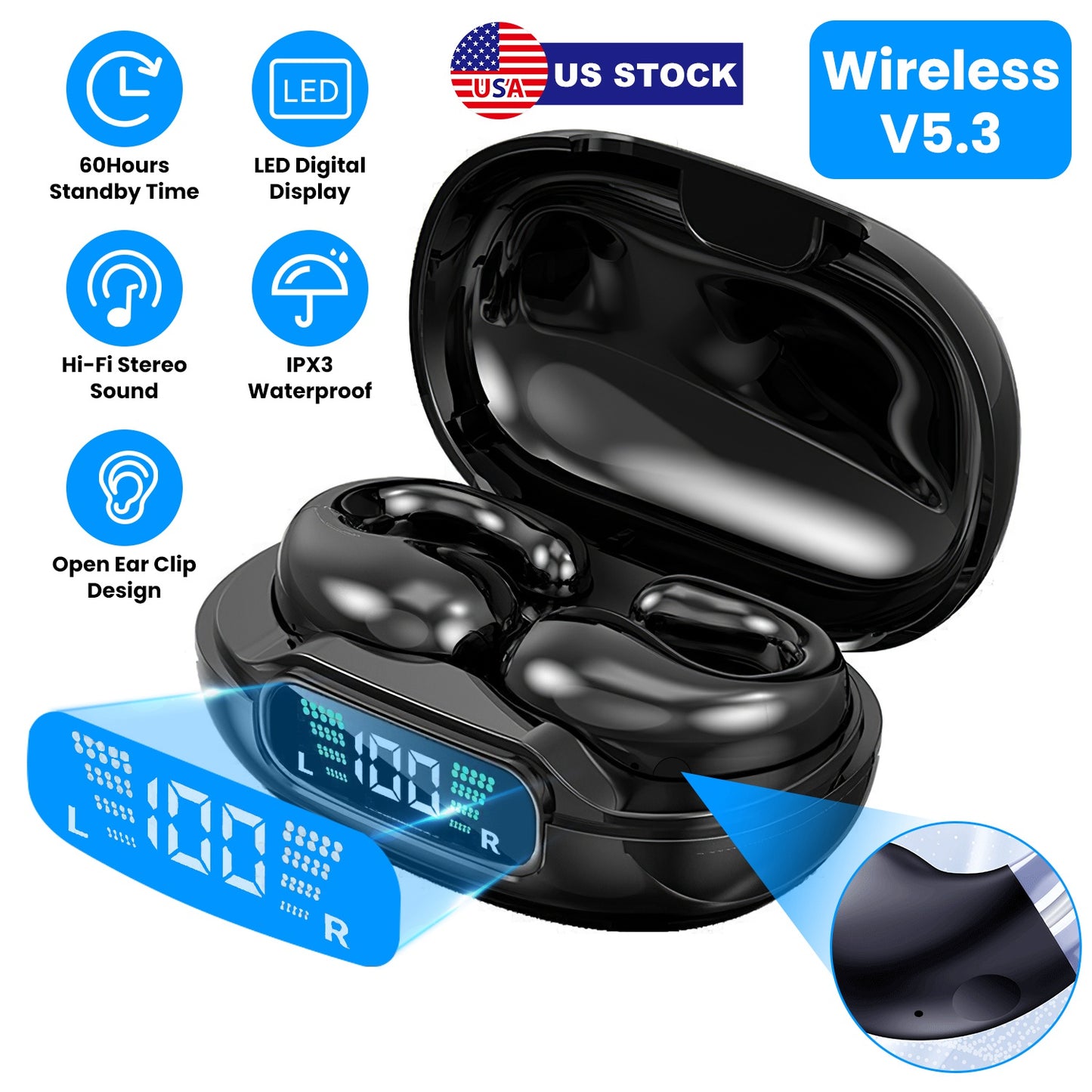 Wireless V5.3 Open Ear Clip Earbuds Over Ear Bone Headphones IPX3 Waterproof Ultra Open Earbuds with LED Display Charging Case for Driving Working Tra