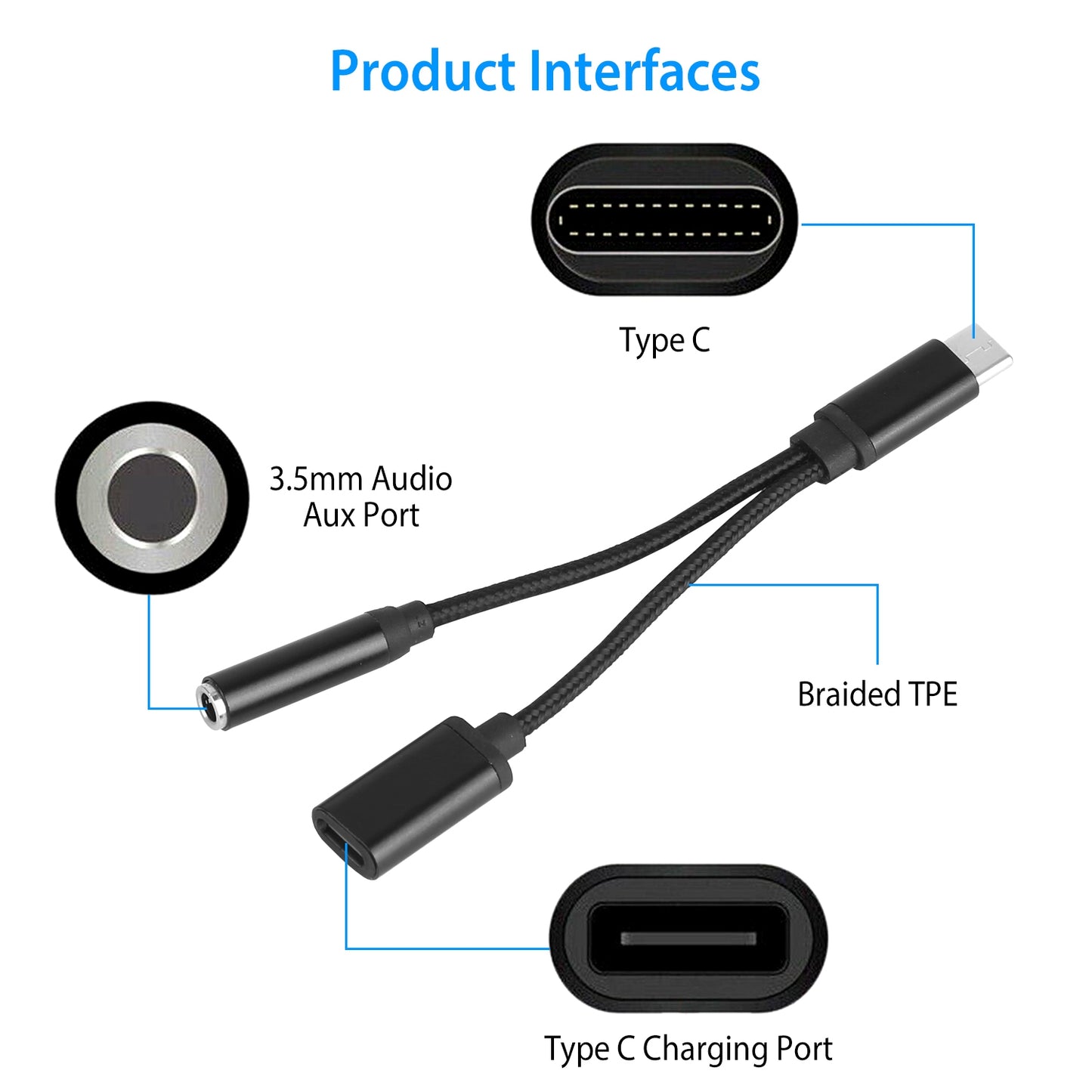 USB Type C to 3.5mm Aux Audio Charging Adapter Braided TPE Metal Shell Headphone Jack Splitter Cable Wire Charger