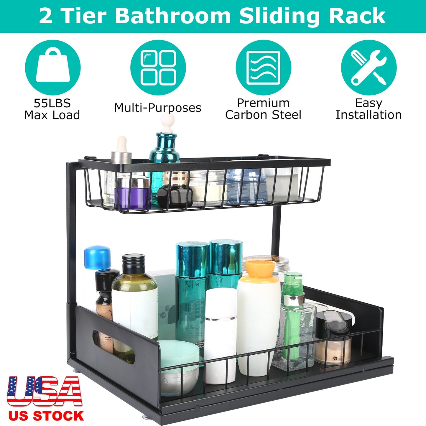 2 Tier Under Sink Organizers Pull Out Under Cabinet Basket Storage Shelf Sliding Drawer for Kitchen Bathroom