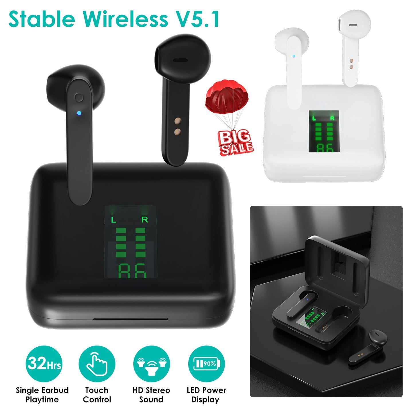 True Wireless Stereo V5.1 Earbuds Touch Control In-Ear TWS Headsets Headphone Earpiece with LED Display Magnetic Charging Case Built-in Mic