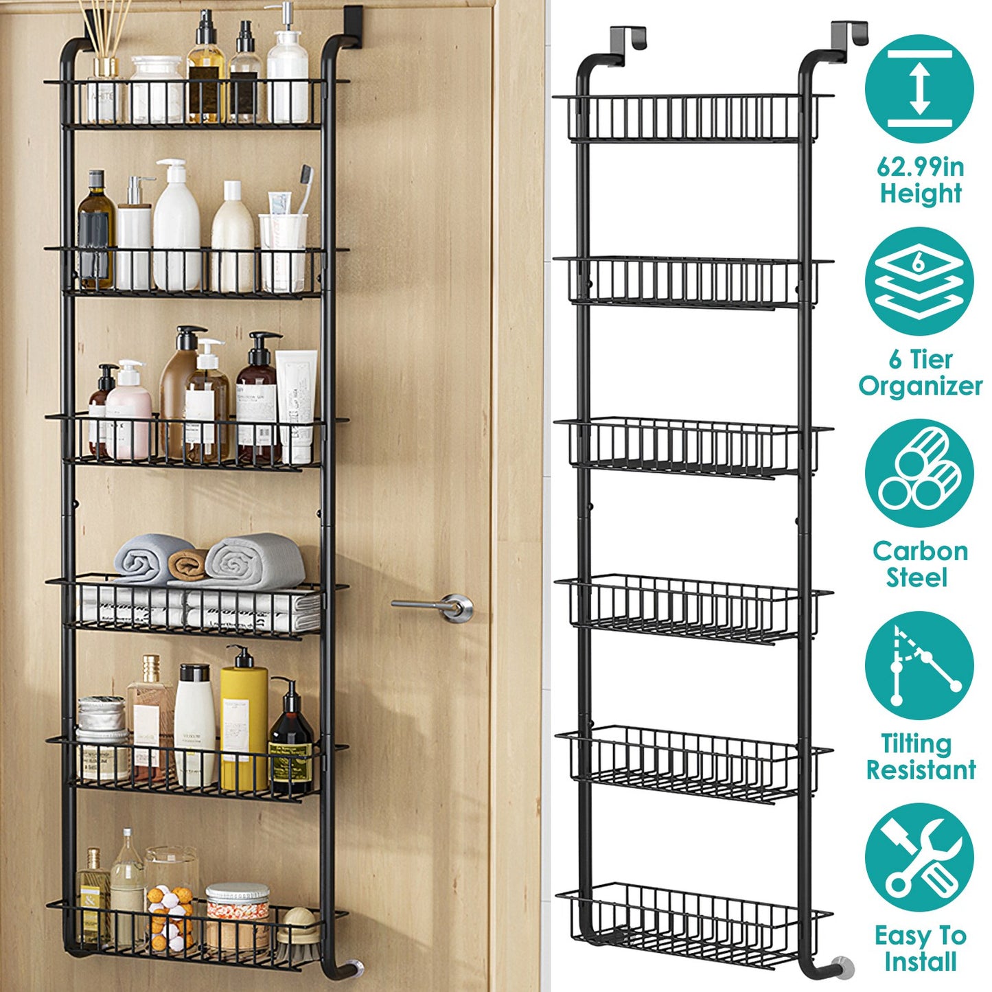 6 Tier Over Door Pantry Organizer Hanging Hooks Door Storage Rack Carbon Steel Basket 62.99in Over Door Shelf for Kitchen Bathroom