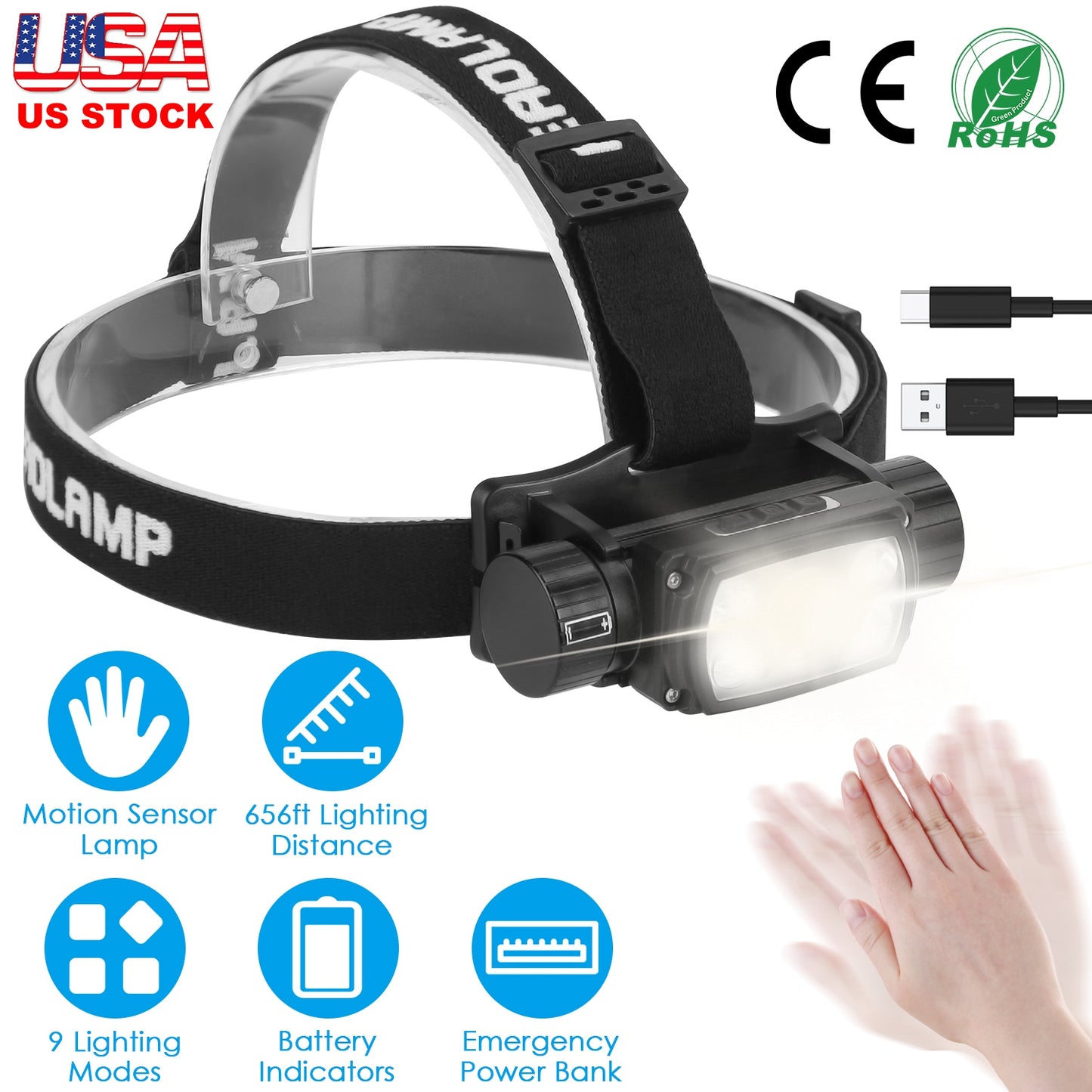 Rechargeable Motion Sensor Headlamp 9 Light Modes Hand Wave Headlight Phone Charging Torch Flashlight for Fishing Running Camping Hiking