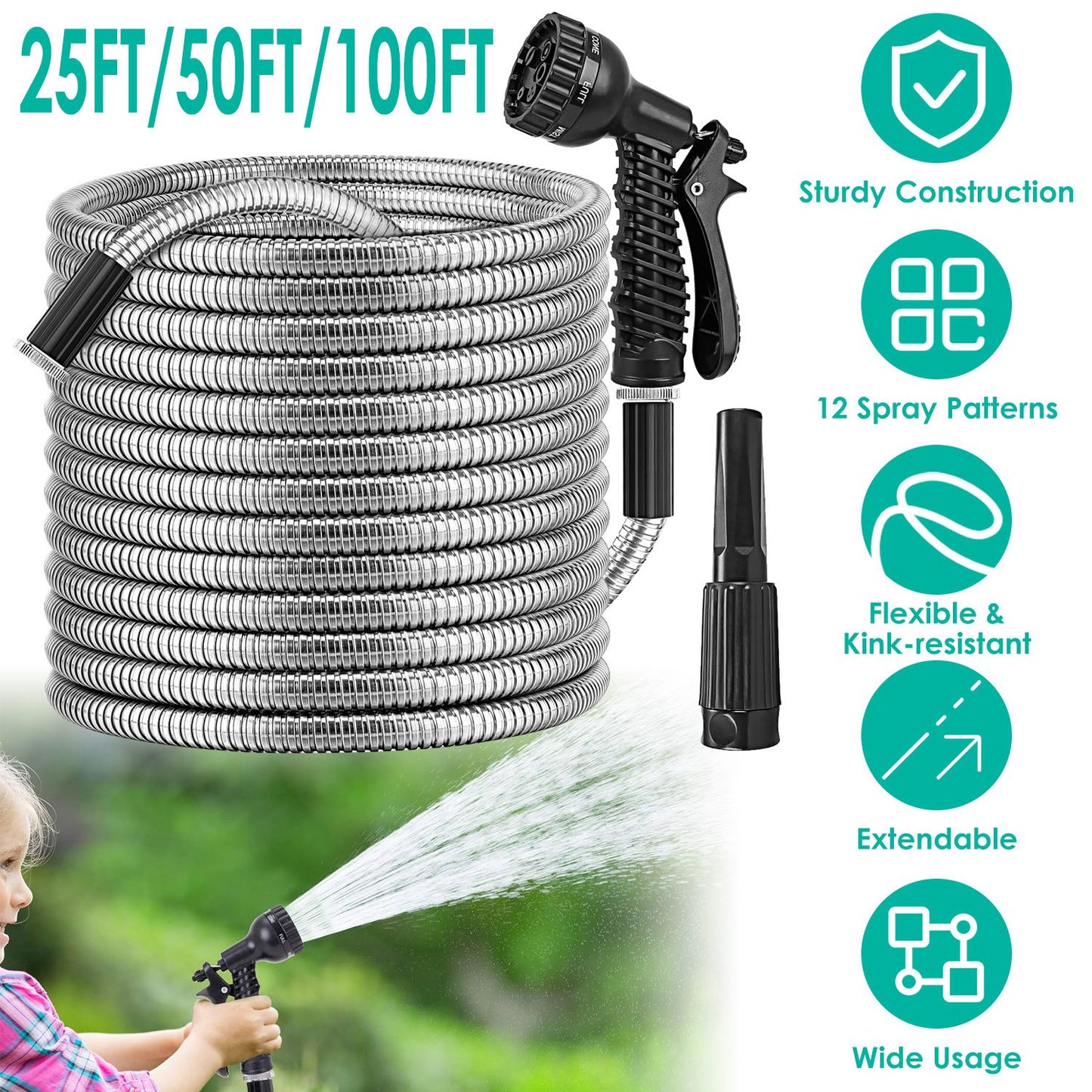 25FT/50FT/100FT Heavy Duty Stainless Steel Garden Hose Garden Watering Kit Metal Water Hose with 2 Nozzles 12 Patterns Flexible Extendable Kink Tangle