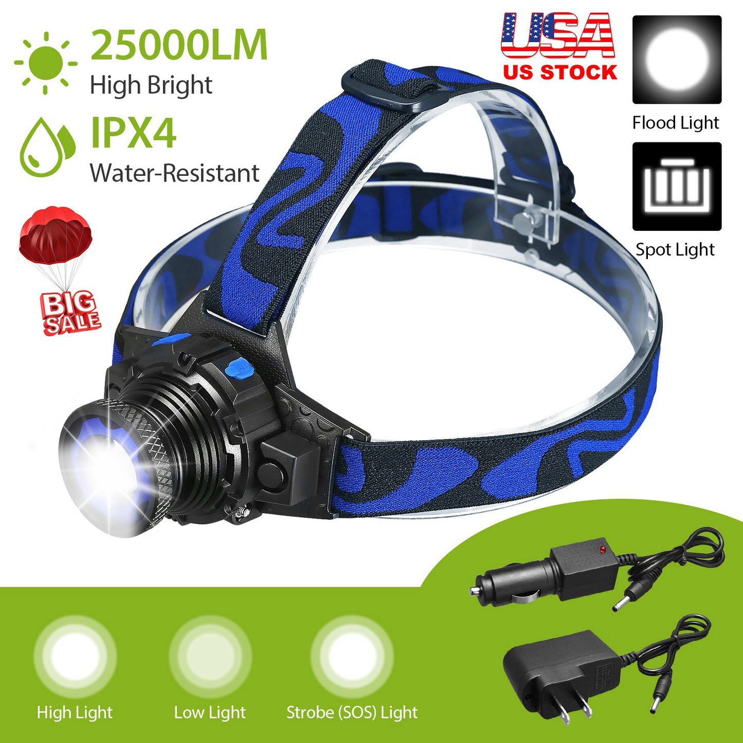 25000 LM Headlamp LED Tactical Headlight Zoomable Flashlight Torch w/Charges Camping