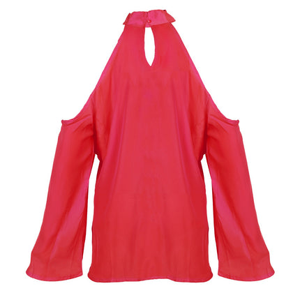 Women\'s Sexy Off The Shoulder Blouses Cold Shoulder Tops V-Neck Long Sleeve T-Shirt Solid Color Summer