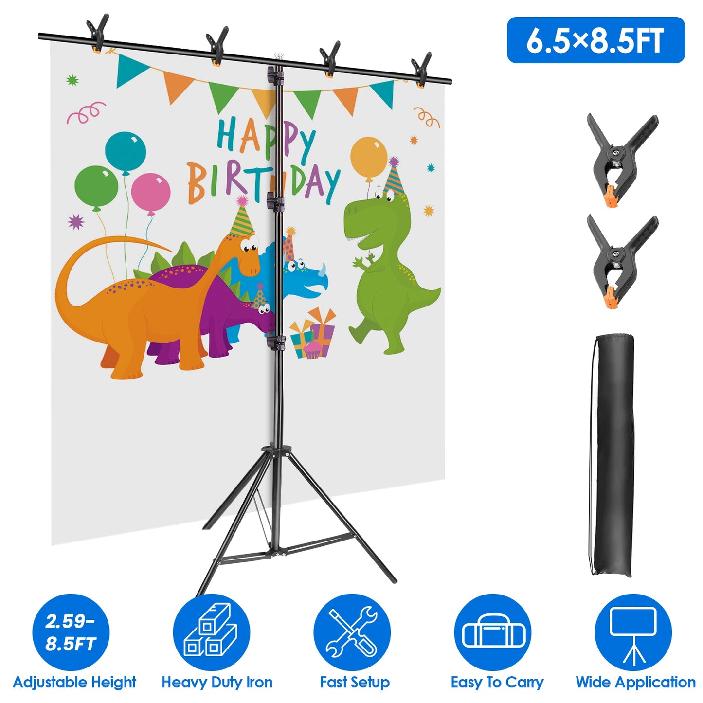 6.5 8.5FT T-Shape Photo Video Backdrop Stand Heavy Duty Background Stand Adjustable Photography Backdrop Stand with 6 Spring Clamps Sandbag Carry Bag