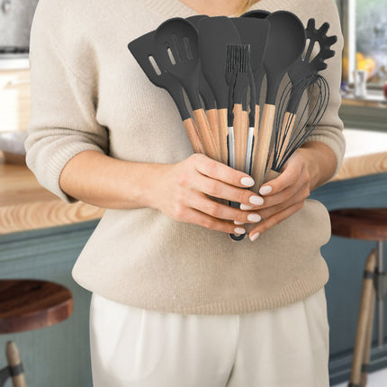 11Pcs Silicone Cooking Utensil Set Heat Resist Wooden Handle Silicone Spatula Turner Ladle Spaghetti Server Tongs Spoon Egg Whish Kitchenware Set w/ H