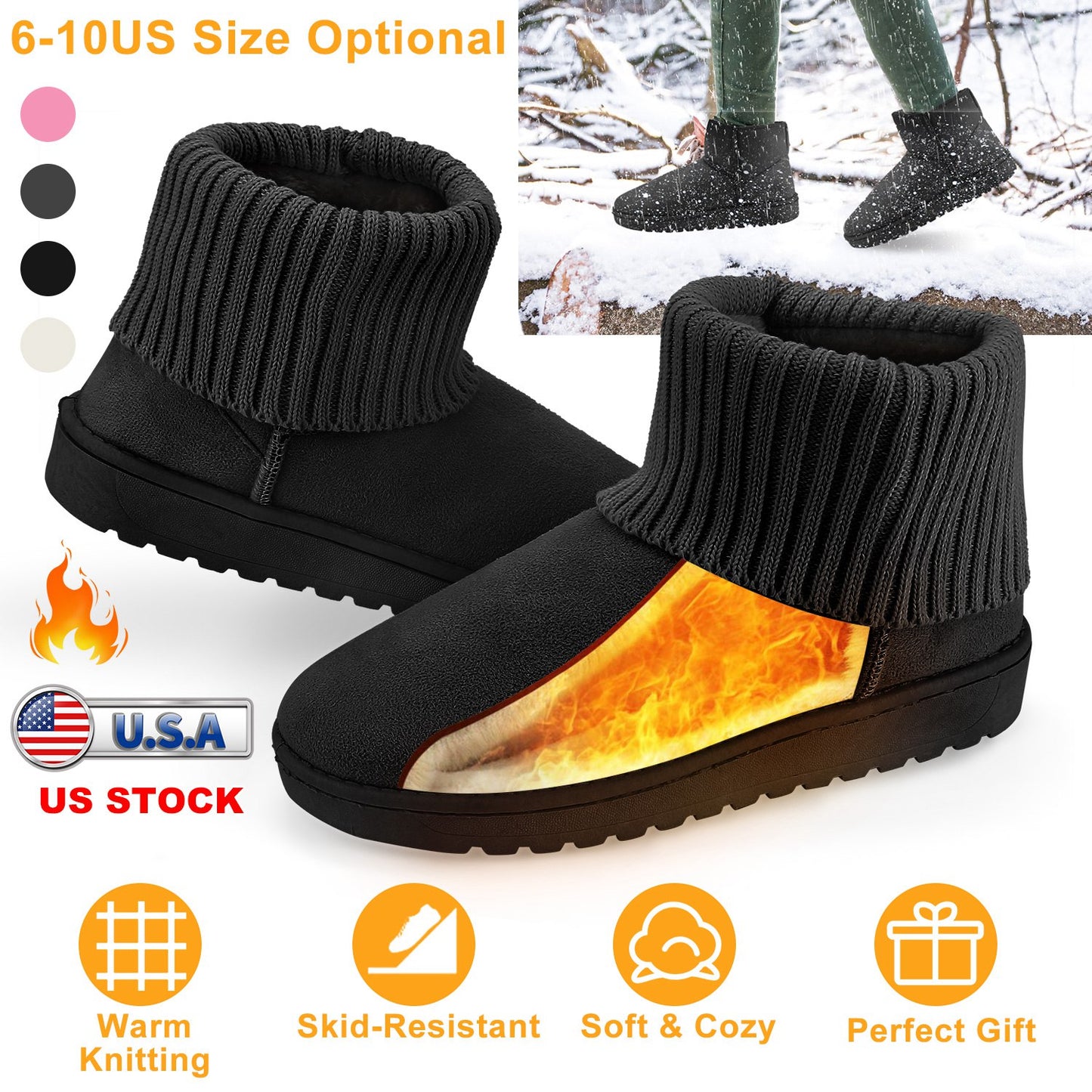 Women Lady Snow Boots Suede Mid-Calf Boot Shoe Short Plush Warm Lining Shoes w/ Anti-slip Rubber Base Knitting Design