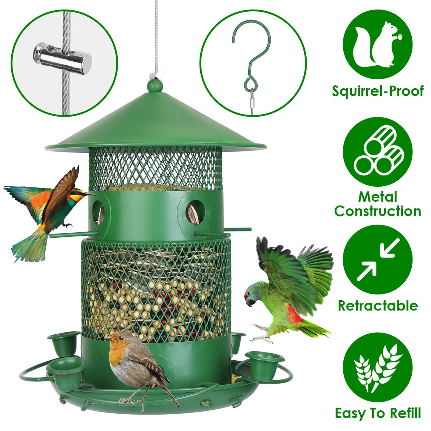 Wild Bird Feeder Squirrel-Proof Chew-Proof Metal Bird Seed Feeder Outdoor Hanging Bird Feeder With 360¡ Circular Perches Water Cups For Yard Garden Pa
