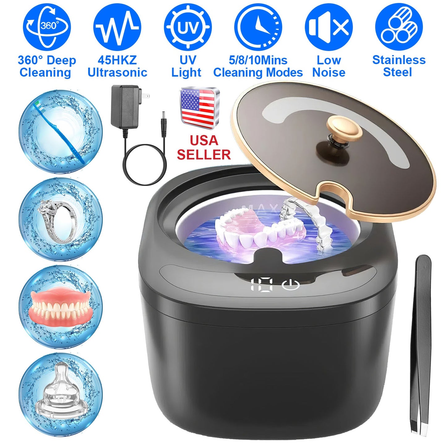 Ultrasonic Retainer Cleaner 45kHz Ultrasonic Cleaning Machine with 3 Modes 230ML Capacity UV Light for Denture Mouth Guard Aligner Dental Trays Braces