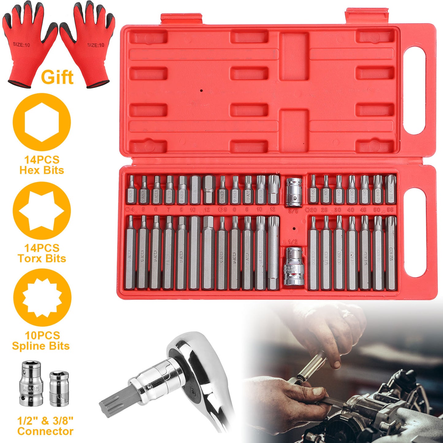 40Pcs Socket Bit Set Hex Torx Spine CRV Combination Bits w/ 3/8"1/2" Drive Free Gloves Case