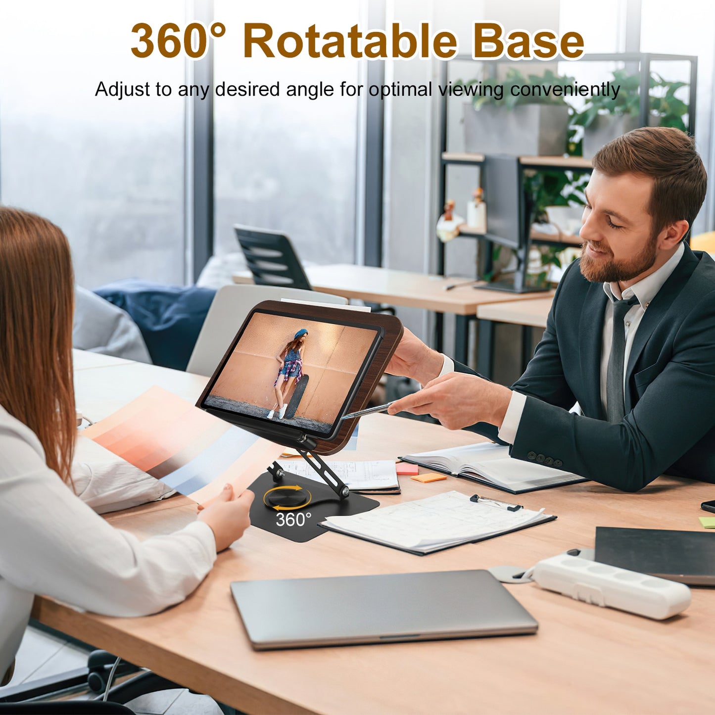 Book Stand for Reading Foldable Wood Book Holder Reading Rack Paper Stand with Adjustable Height 360¡ Rotatable Base Dual Paper Clips for Book Sheet M