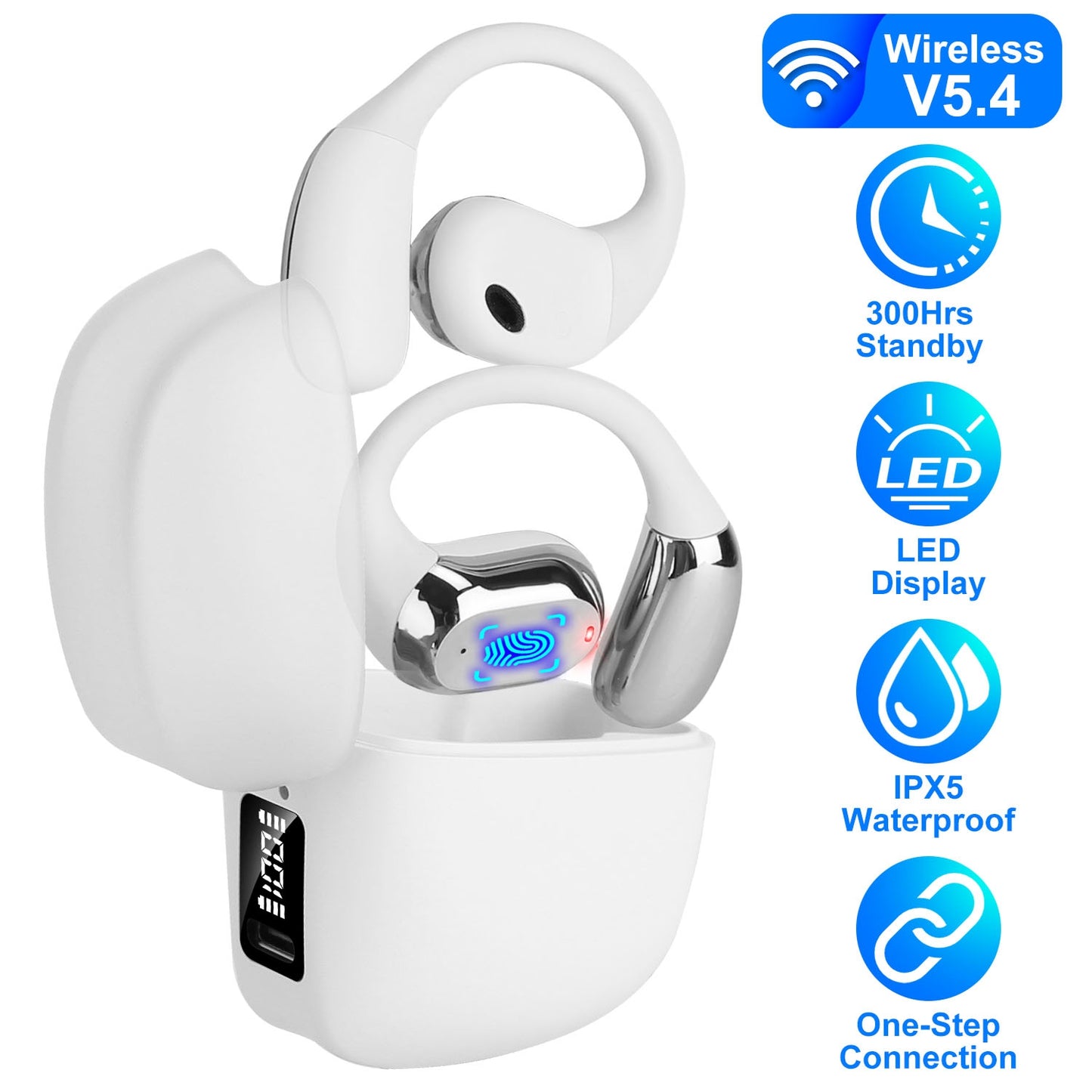 Wireless V5.4 Open Ear Earbuds with Earhook LED Display Charging Case IPX5 Waterproof 300Hrs Standby Time Touch Control Stereo Sport Headphones for Wo