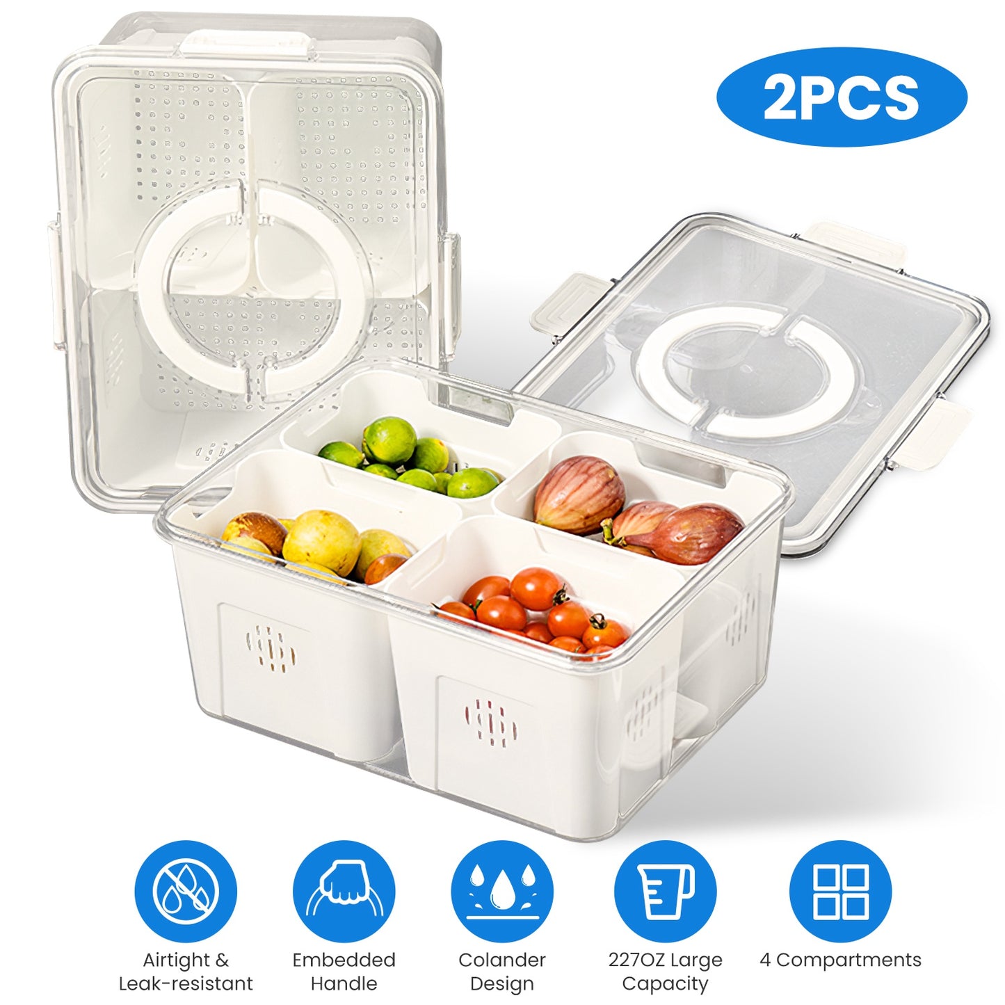 2Pack Airtight Fruit Storage Containers 4-Compartment Food Storage Containers Fruit Vegetable Organizers with 8 Removable Colanders for Fridge Picnic