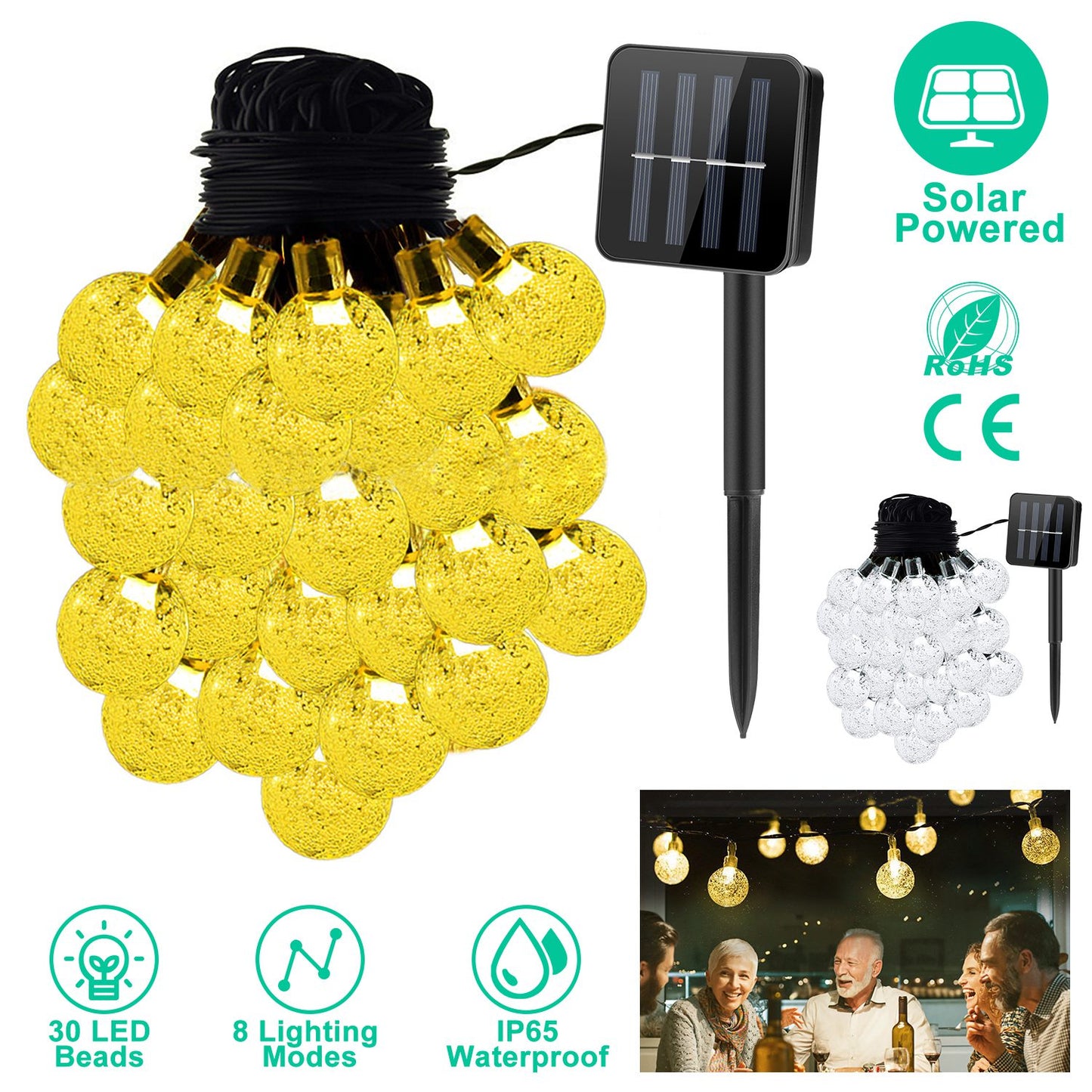 Globe String Solar Lights 30 Ball LED Fairy Solar Lamps 8 Lighting Modes IP65 Waterproof Decorative Lights w/ Stake Garden Lawn Flower Trees Patio Gar