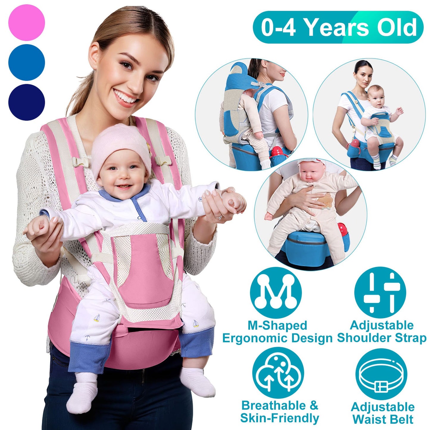 Multifunctional Baby Carrier With Hip Seat Head Hood Front Back Side Carrying All Position Ergonomic Adjustable Infant Carrier For 0-4 Years Old Newbo