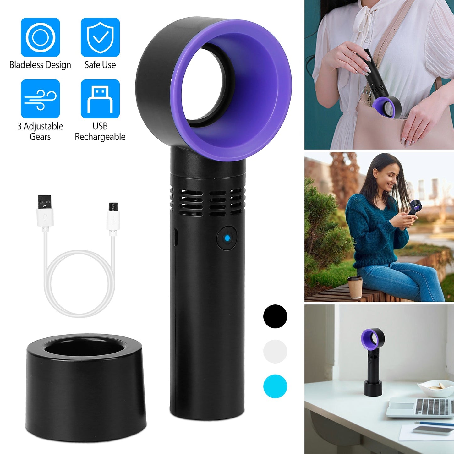 Portable Handheld Bladeless Fan Rechargeable Cooling USB Fan Desktop Use Fan w/ 3 Gears LED Indicator Cooling Fan