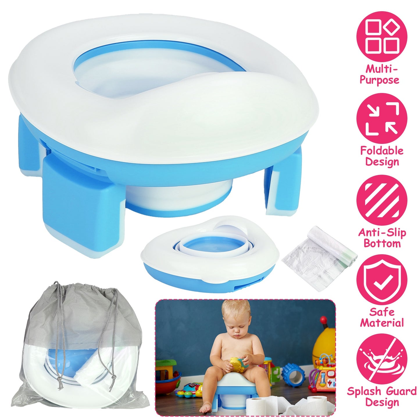 Portable Toddler Potty Toilet Foldable Potty Training Seat Cover with Splash Guard Include Storage Bag 20Psc Potty Bags Baby Toilet Trainer for Indoor