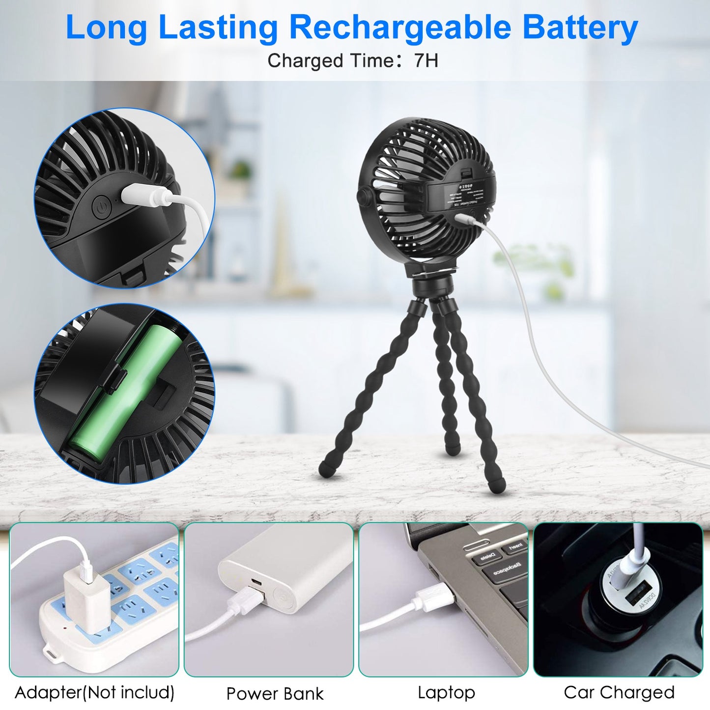 Portable Baby Stroller Fan Rechargeable Handheld Fan with Flexible Tripod Clip On Desktop Hanging Fan 3 Gear Speed 360¡ Tilt Head
