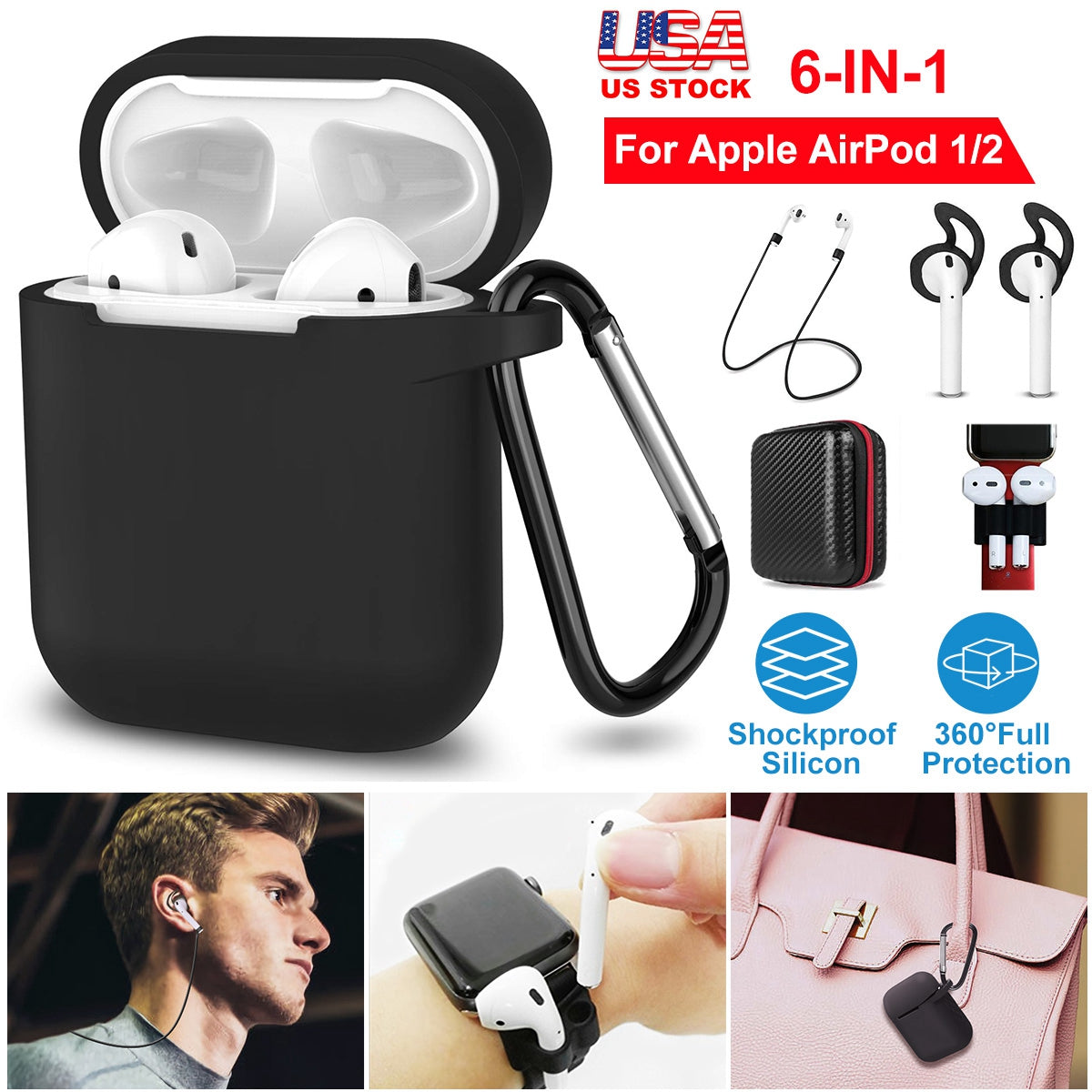Silicone Case for Apple AirPod 1 2 AirPods Protective Cover Skin w/Strap Ear Hooks Watch Band Holder