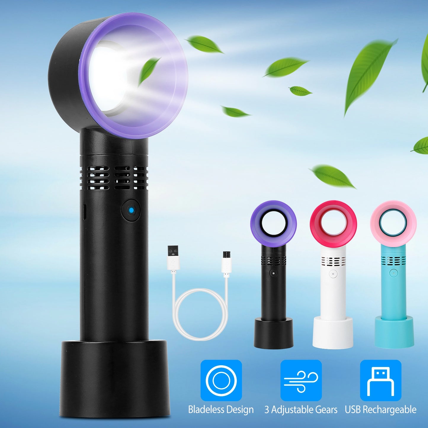 Portable Handheld Bladeless Fan Rechargeable Cooling USB Fan Desktop Use Fan w/ 3 Gears LED Indicator Cooling Fan