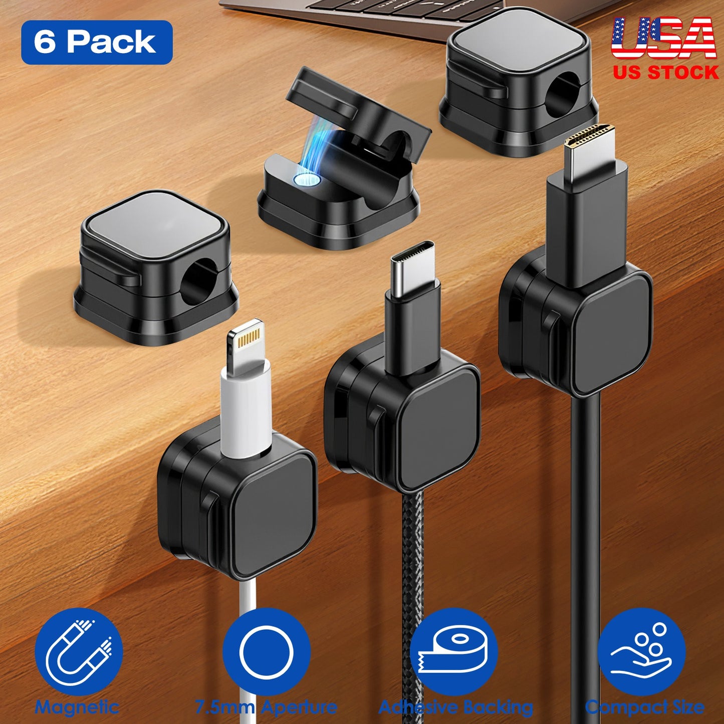 6 Pack Magnetic Cable Clips Magnetic Cord Organizer Adhesive Wire Holder For Home Office Car Desk Nightstand Wall