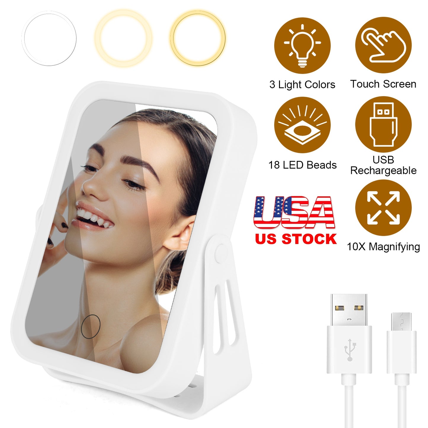 10X Magnifying Lighted Makeup Mirror Double Sided Travel Makeup Mirror with 3 Light Colors Touch Screen USB Rechargeable
