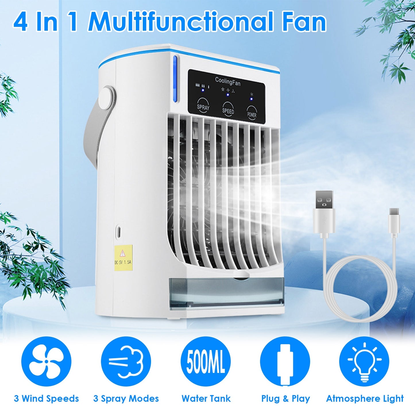 Portable Air Conditioner Fan Evaporative Humidifier 3 Speed Spray Personal Cold Mist Air Cooler Desk Table Fan Water Tank Night Light Adjustable Angel