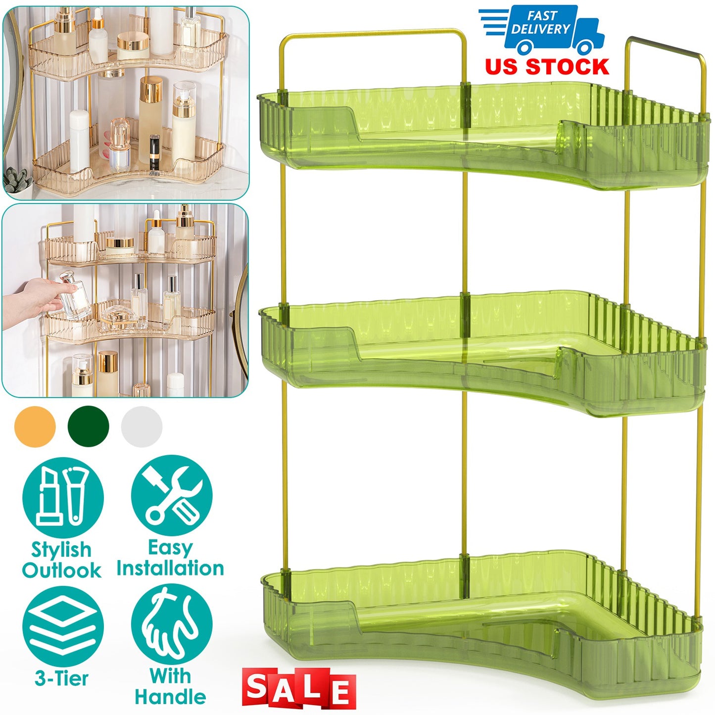 Bathroom Countertop Organizer 3 Tier Corner Makeup Storage Shelf Vanity Cosmetic Perfume Tray Clear Corner Rack for Bedroom Bathroom Kitchen